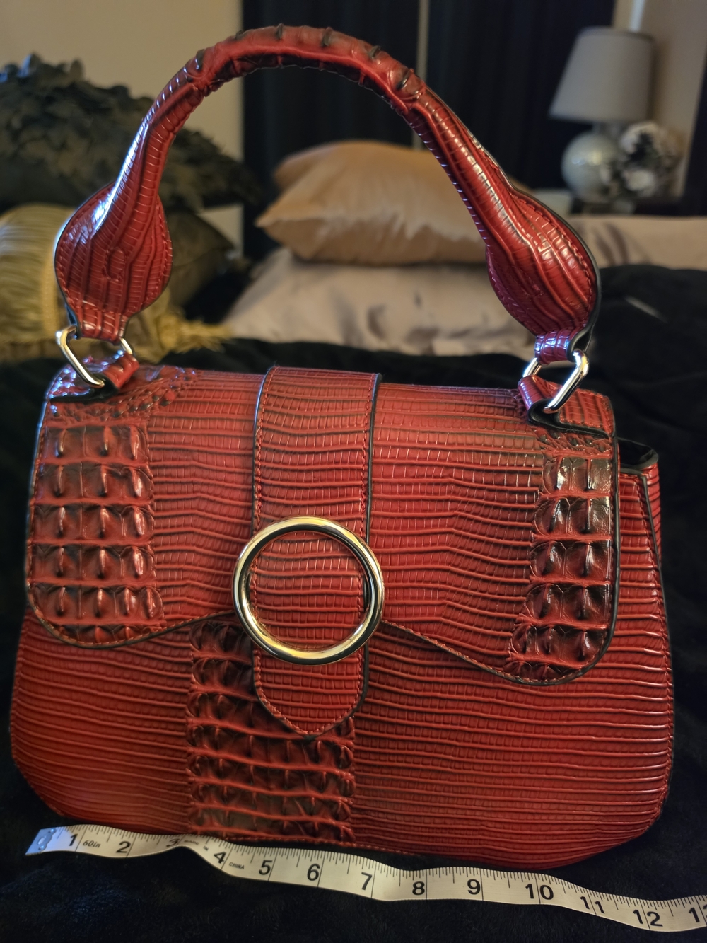 Cato Red Croc-Embossed Top-Handle Bag with Gold Ring Accent